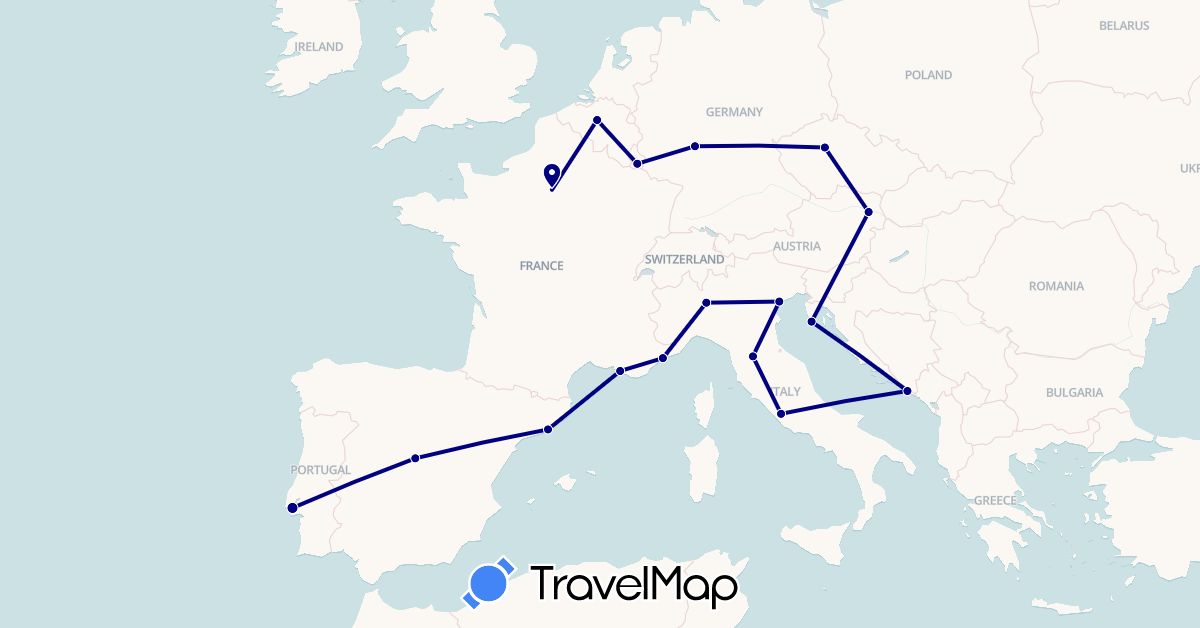 TravelMap itinerary: driving in Austria, Belgium, Czech Republic, Germany, Spain, France, Croatia, Italy, Luxembourg, Portugal (Europe)